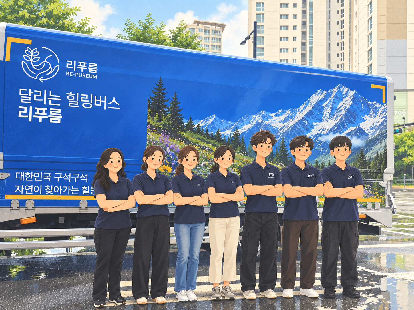 리푸름 힐링버스 앞에 선 봉사단